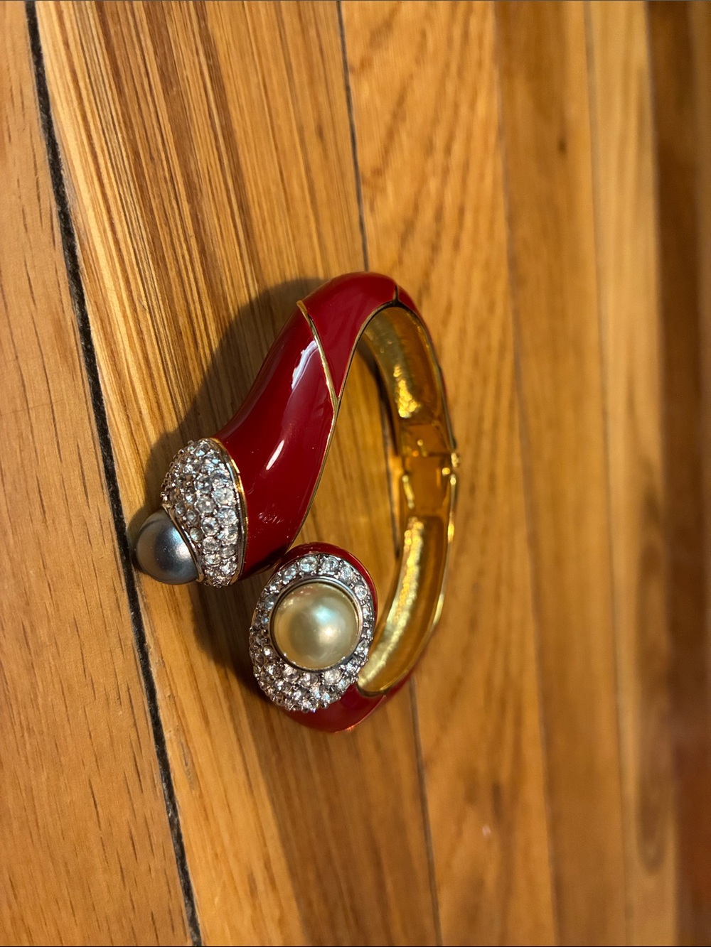 Kenneth Jay Lane Red Enamel Gold-Tone Pearl and Crystal Hinged Bracelet